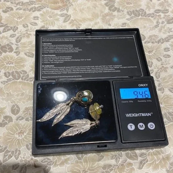 VTG Fred Weekoty Zuni Sterling Turquoise Feather EARRINGS - Picture 8 of 8